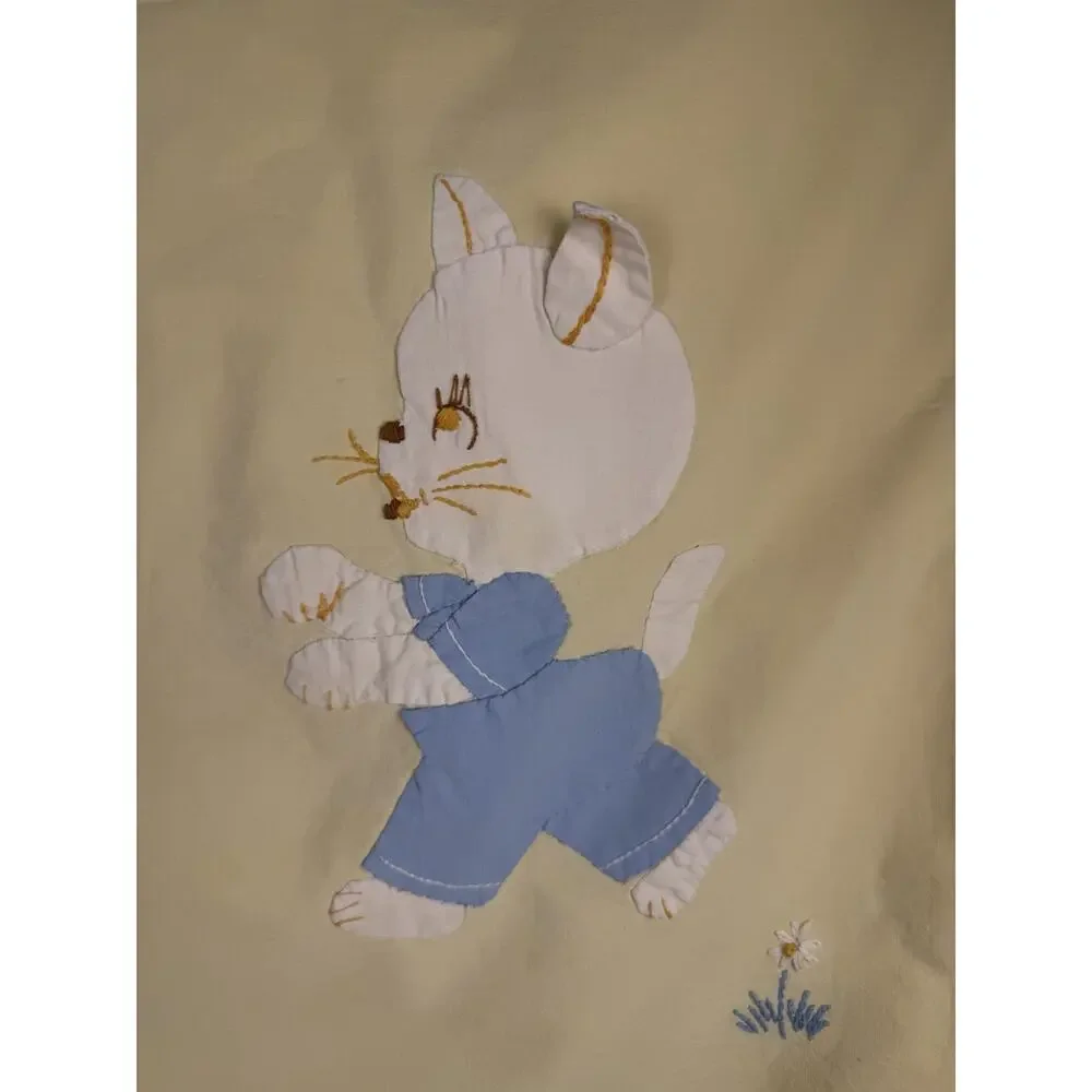 Vintage Handmade Baby Blanket Quilt Wall Hanging Nursery Animals Cat Duck32”x48”